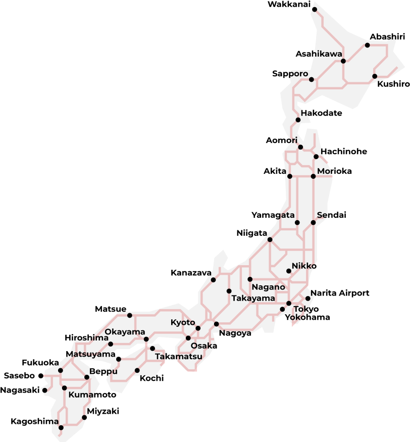 Karte des Japan Rail (JR)-Netzes und der Zugstrecken in Japan.