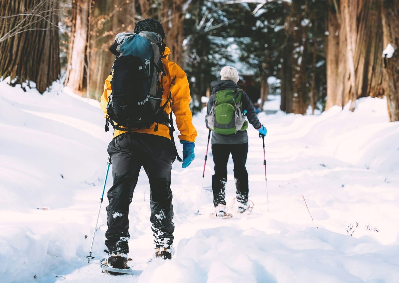 Paar beim Schneeschuhwandern in Nagano, Japan