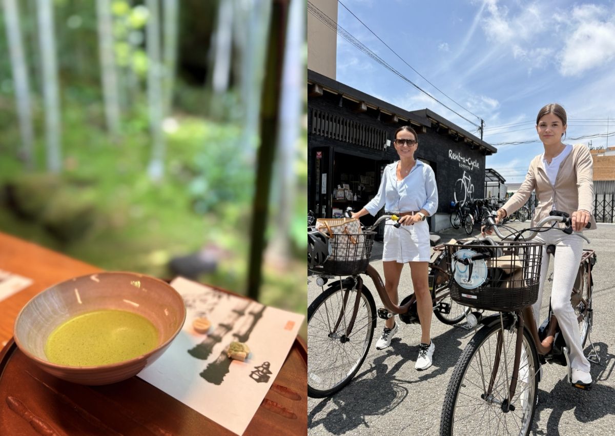 Links Matcha in einem Bambushain, rechts Mutter und Tochter mit Fahrrädern in Kamakura