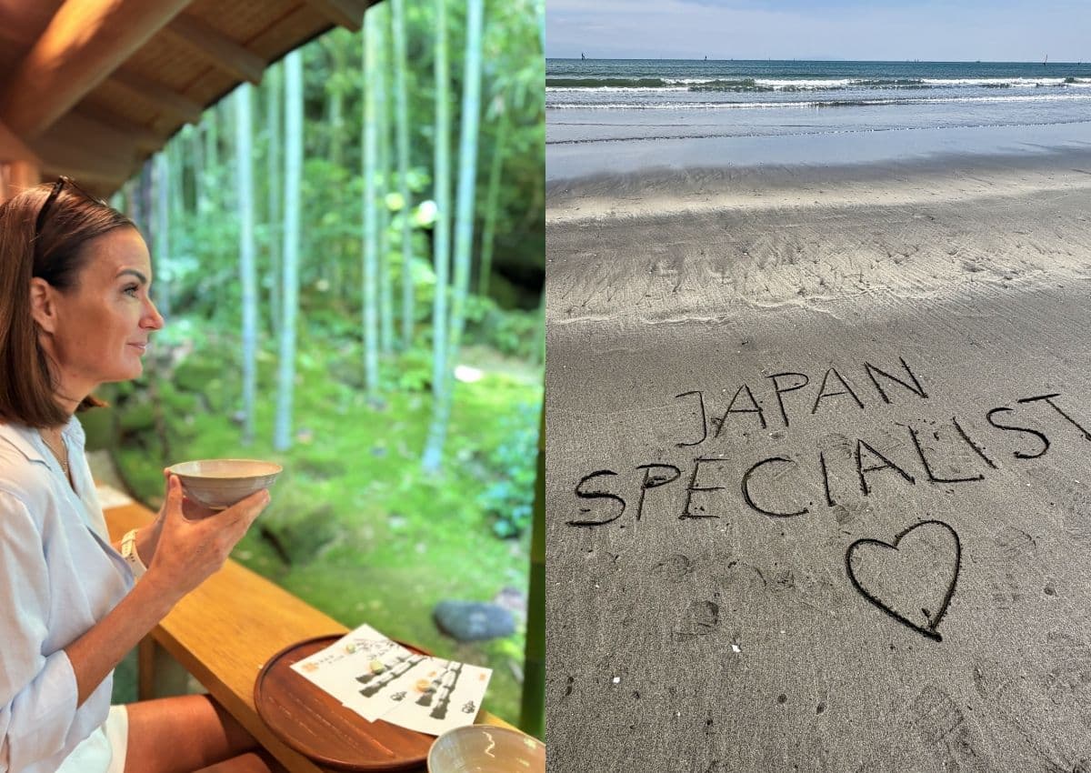 Links Mutter beim Grüntee-Trinken in Kamakura, rechts „Japanspecialist