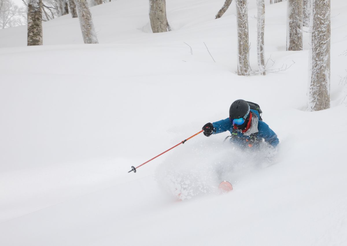 Skifahren im Pulverschnee im Skigebiet Hakuba, Japan
