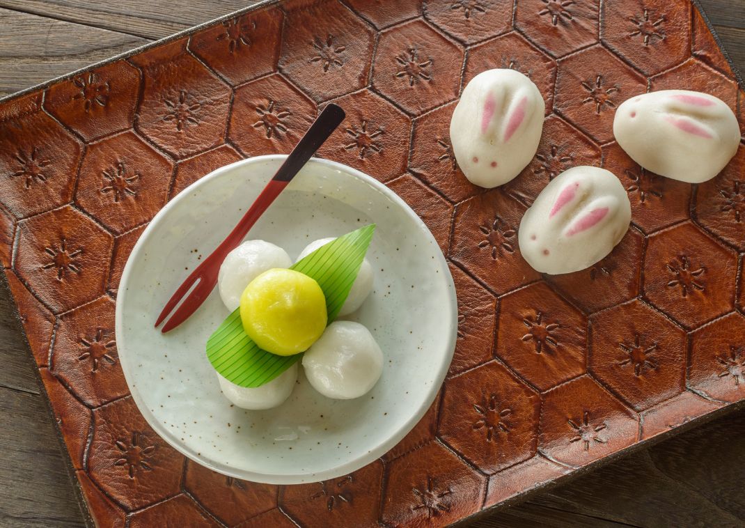 Moon viewing rice dumplings (tsukimi dango) and rabbit shaped steamed bun (usagi manju), Japan