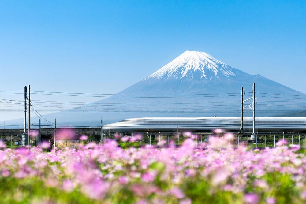 Shinkansen-Zug fährt am Berg Fuji vorbei