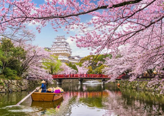 Bootsfahrt auf der Burg Himeji während der Kirschblütenzeit