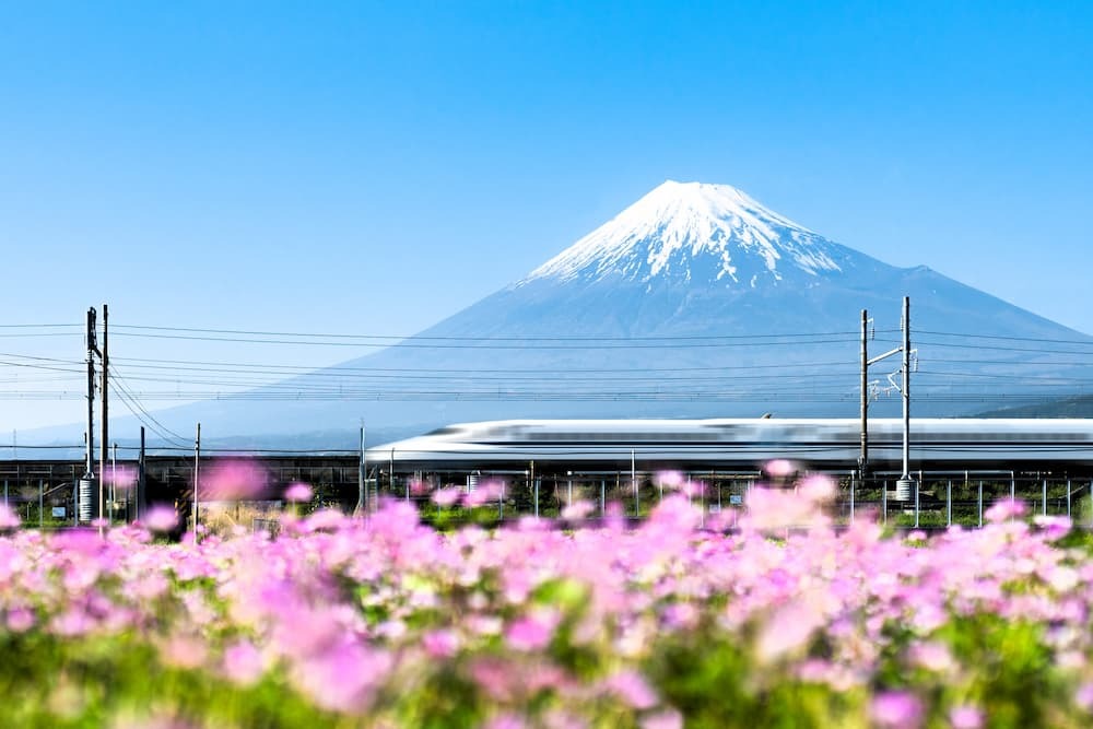 Shinkansen-Hochgeschwindigkeitszug, der den Berg Fuji passiert, Yoshiwara, Präfektur Shizuoka, Japan